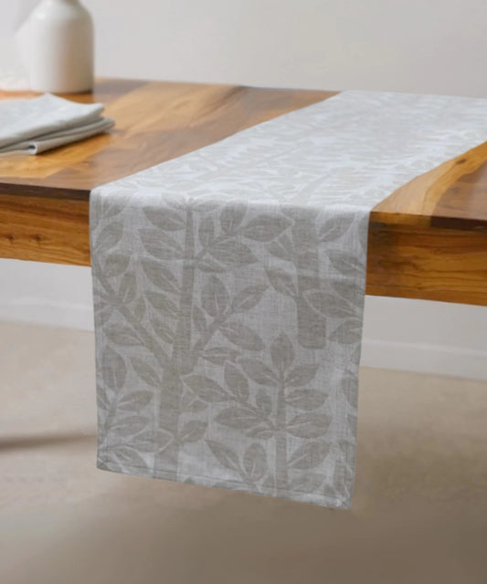 Natural Grey Leaf jacquard Linen 6 Seater Table Runner (13" x 84")