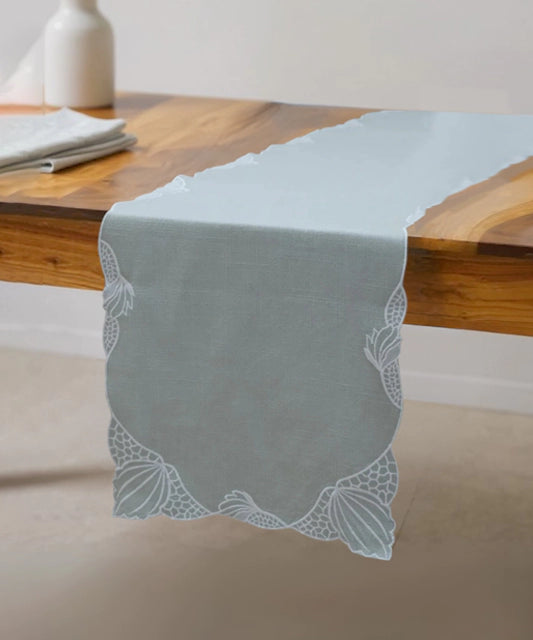 Green (Dusty Jade) cotton slub Cutwork table Runner (12.5"x82")