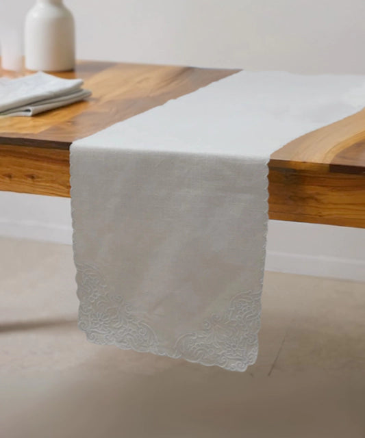 Beige Fiscelle Cotton Slub Cutwork Table Runner (12"x 82")