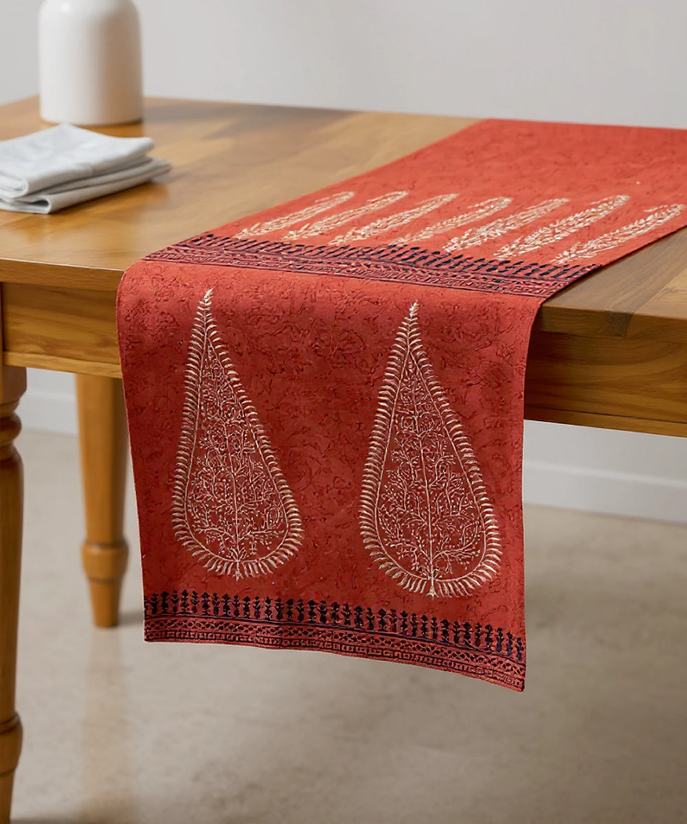 6 Seater Burnt Orange Hand Block Printed Cotton Canvas Table Runner (13 x 84 Inches)