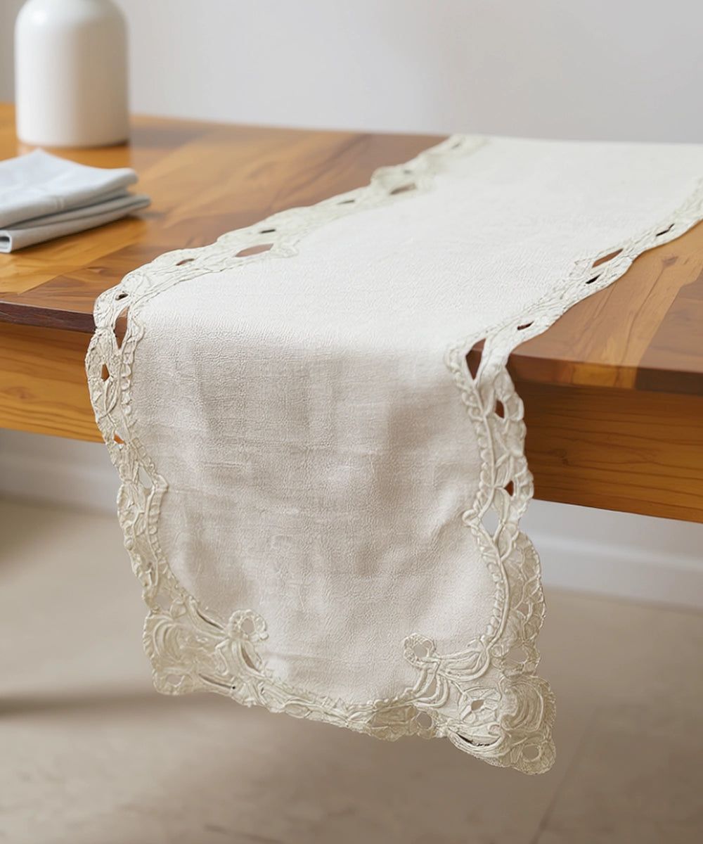6 seater Beige Cutwork Embroidery Cotton Slub Table Runner (13.75 x 84 Inches)