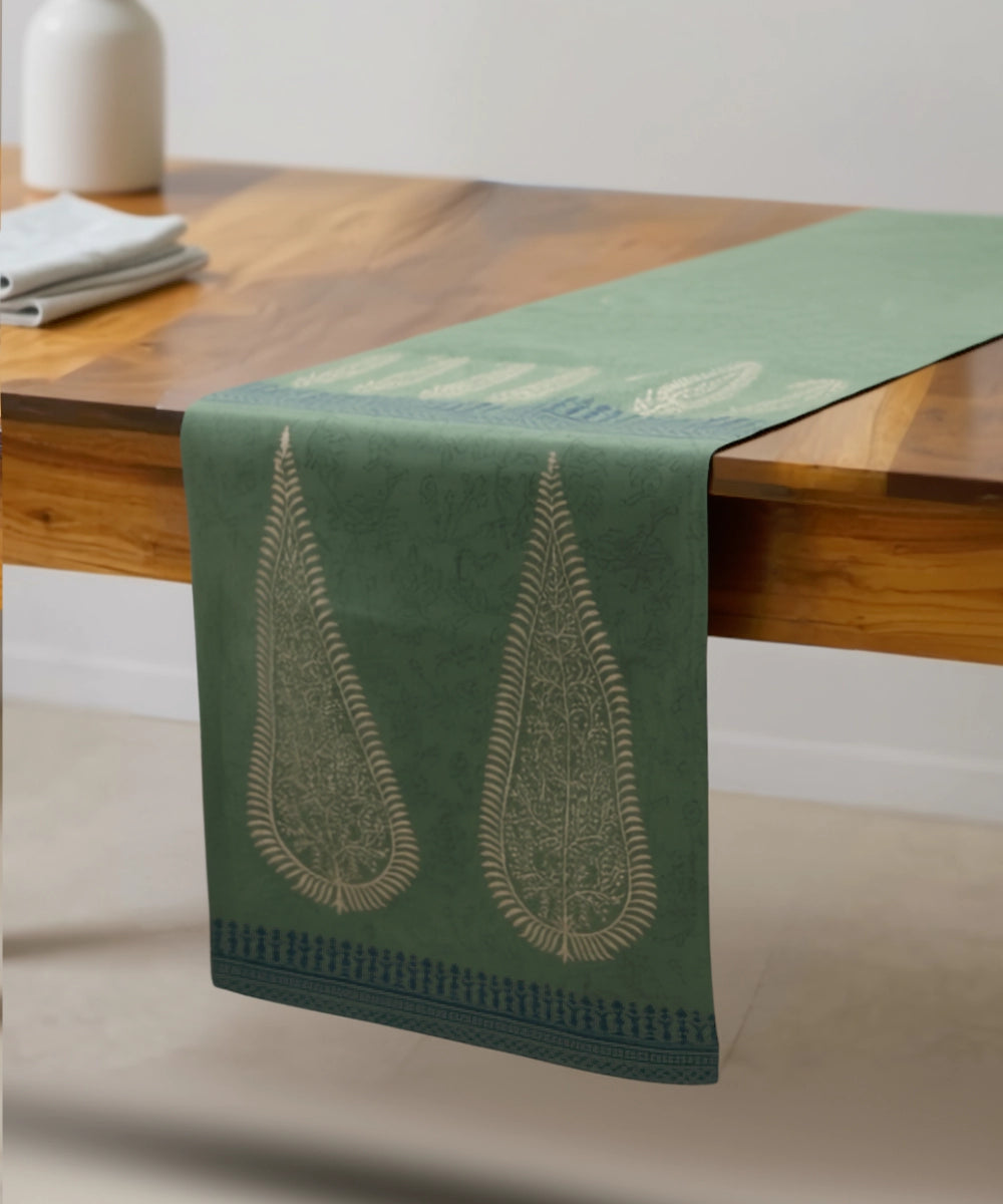 6 Seater Olive Hand Block Printed Cotton Canvas Table Runner (13 x 82 Inches)