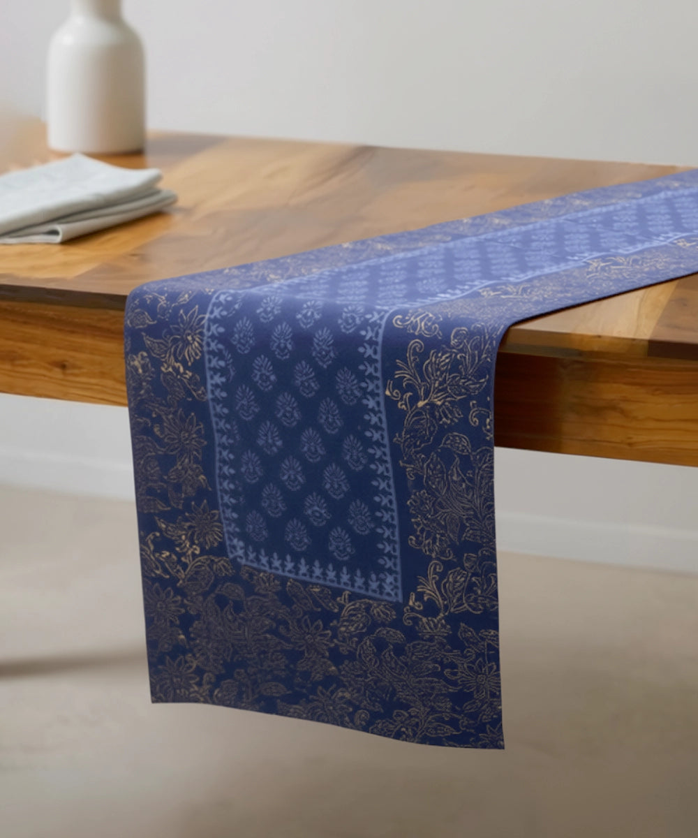 6 Seater Navy with Golden & Grey Hand Block Printed Cotton Canvas Table Runner (13 x 82 Inches)