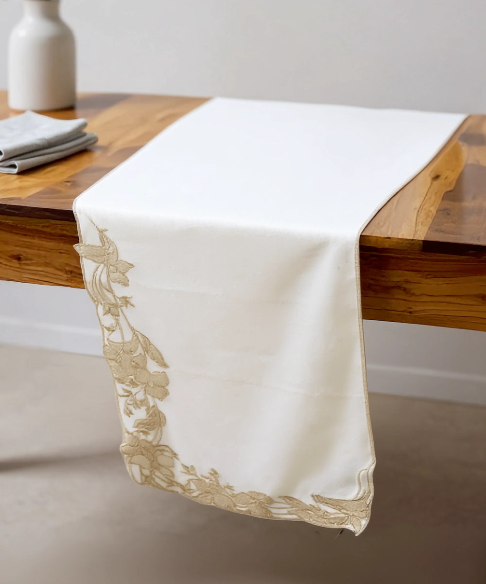 Cream Embroidered With Cutwork Cotton Casement Table Runner (13"x84")