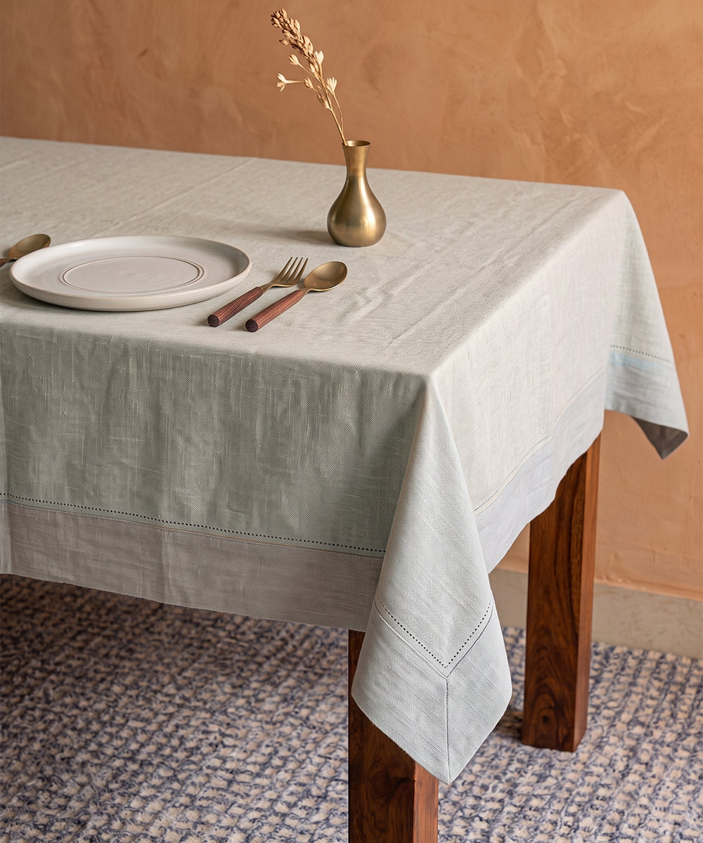 Grey Cotton Slub Table Cloth with faggotting at the edges
