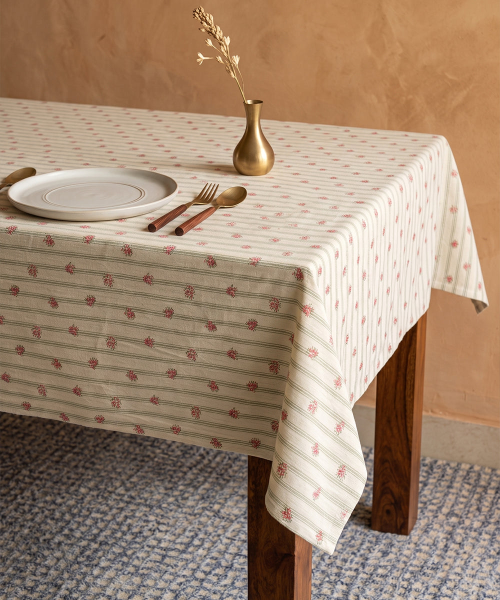 6 Seater Red Ditsy Floral Printed Stripe Cotton Table Cloth