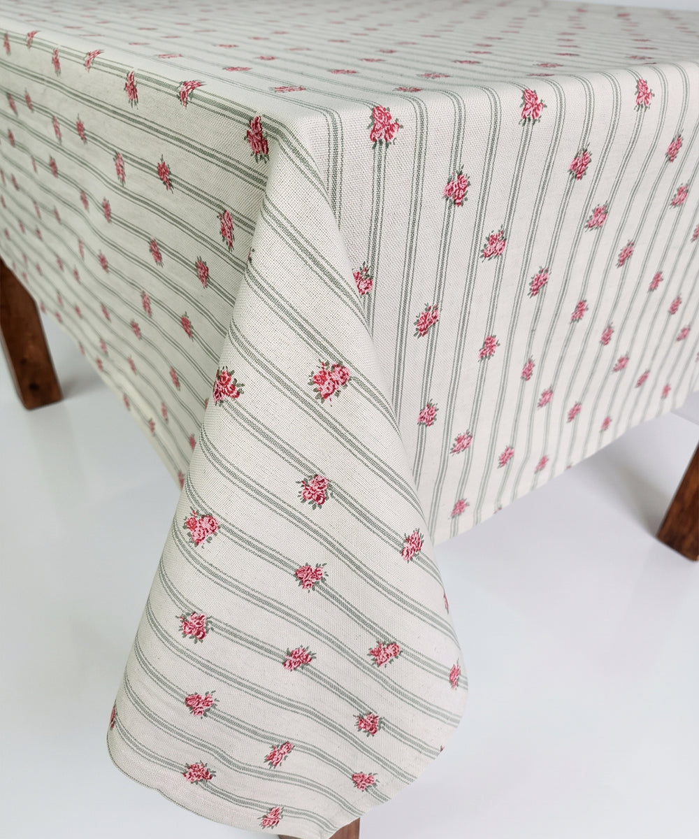 6 Seater Red Ditsy Floral Printed Stripe Cotton Table Cloth