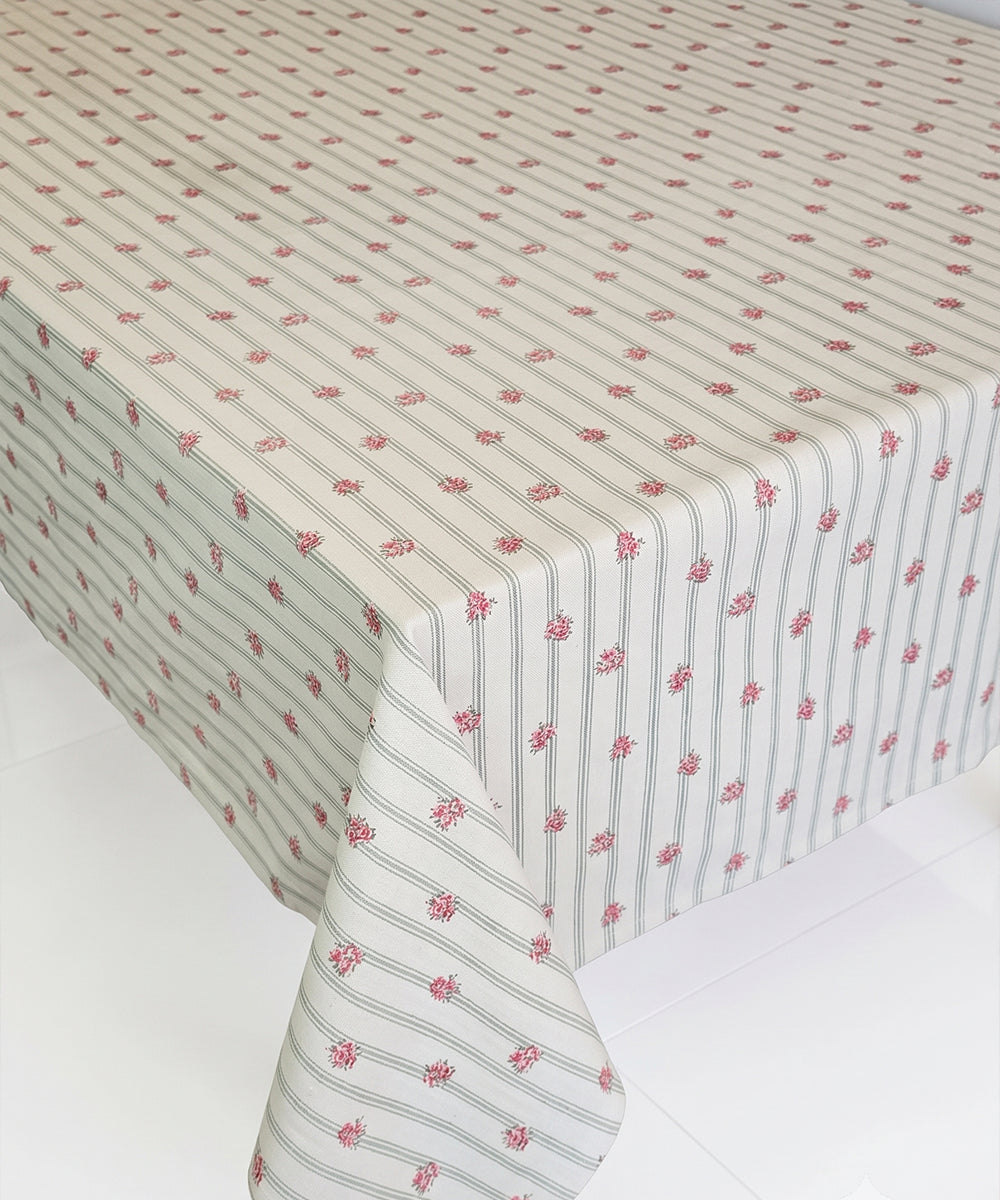 6 Seater Red Ditsy Floral Printed Stripe Cotton Table Cloth