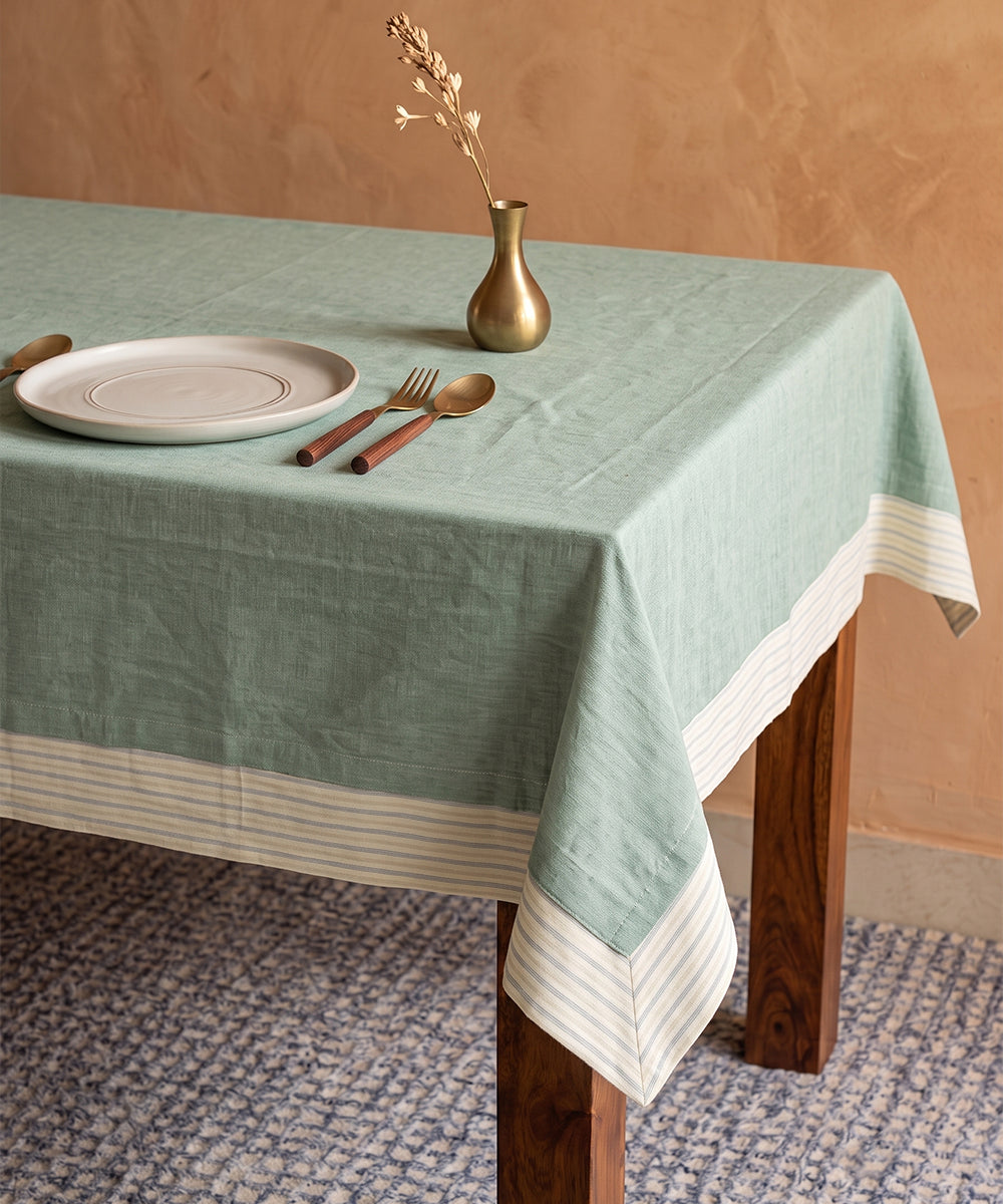 6 Seater Sage Green with Multi Stripe Flange Linen Table Cloth