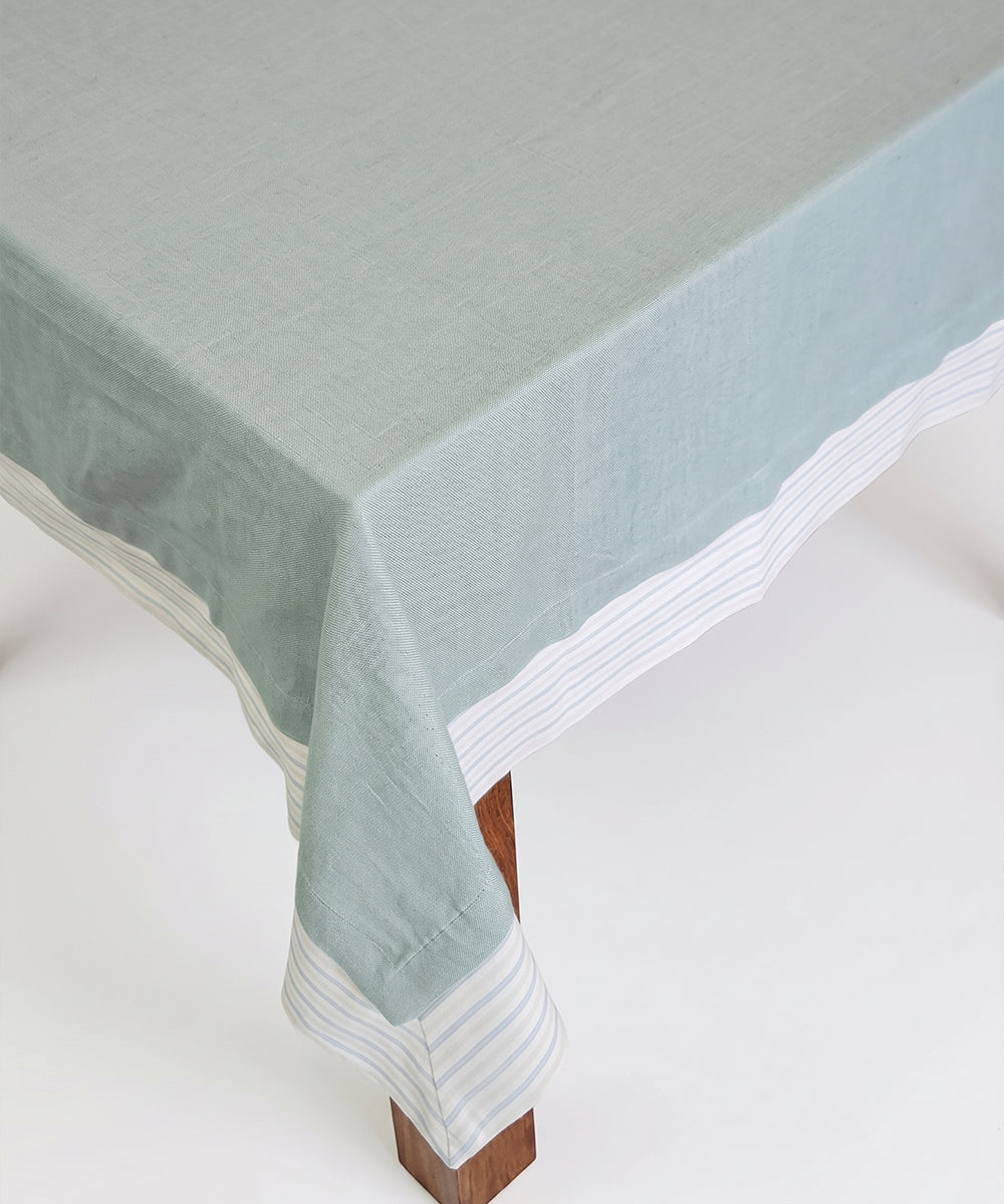 6 Seater Sage Green with Multi Stripe Flange Linen Table Cloth