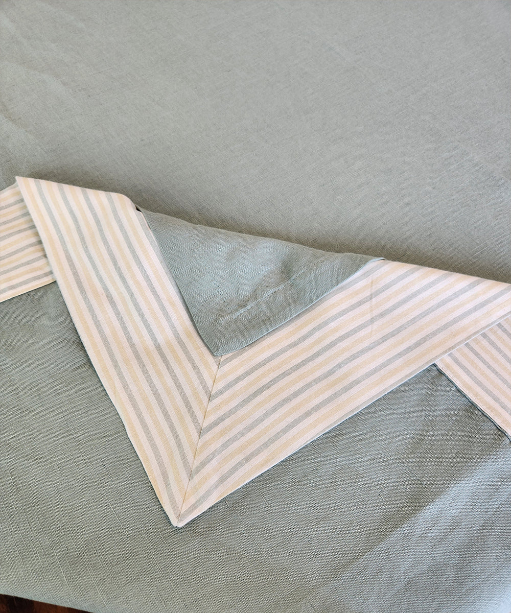 6 Seater Sage Green with Multi Stripe Flange Linen Table Cloth