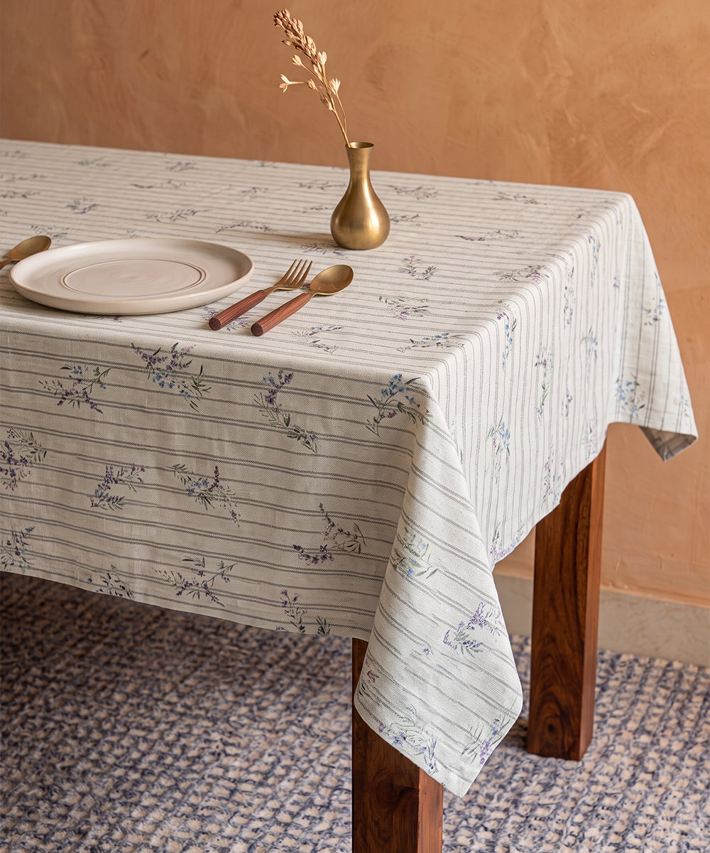 6 Seater Lavender Ditsy Floral Printed Stripe Cotton Table Cloth
