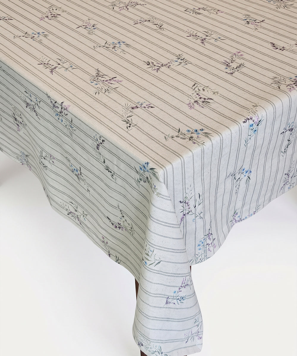 6 Seater Lavender Ditsy Floral Printed Stripe Cotton Table Cloth