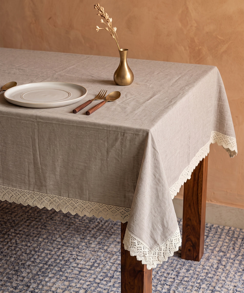 6 Seater Natural Beige Chambray with Lace Table Cloth