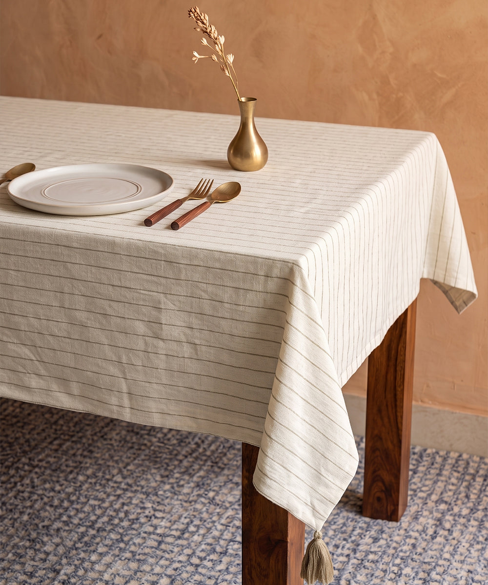 6 Seater Off White & Beige Yarn Dye Cotton Linen Table Cloth (tassels at edges)