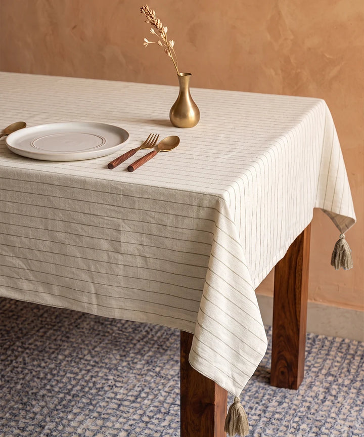 6 Seater Off White & Beige Yarn Dye Cotton Linen Table Cloth (tassels at edges)