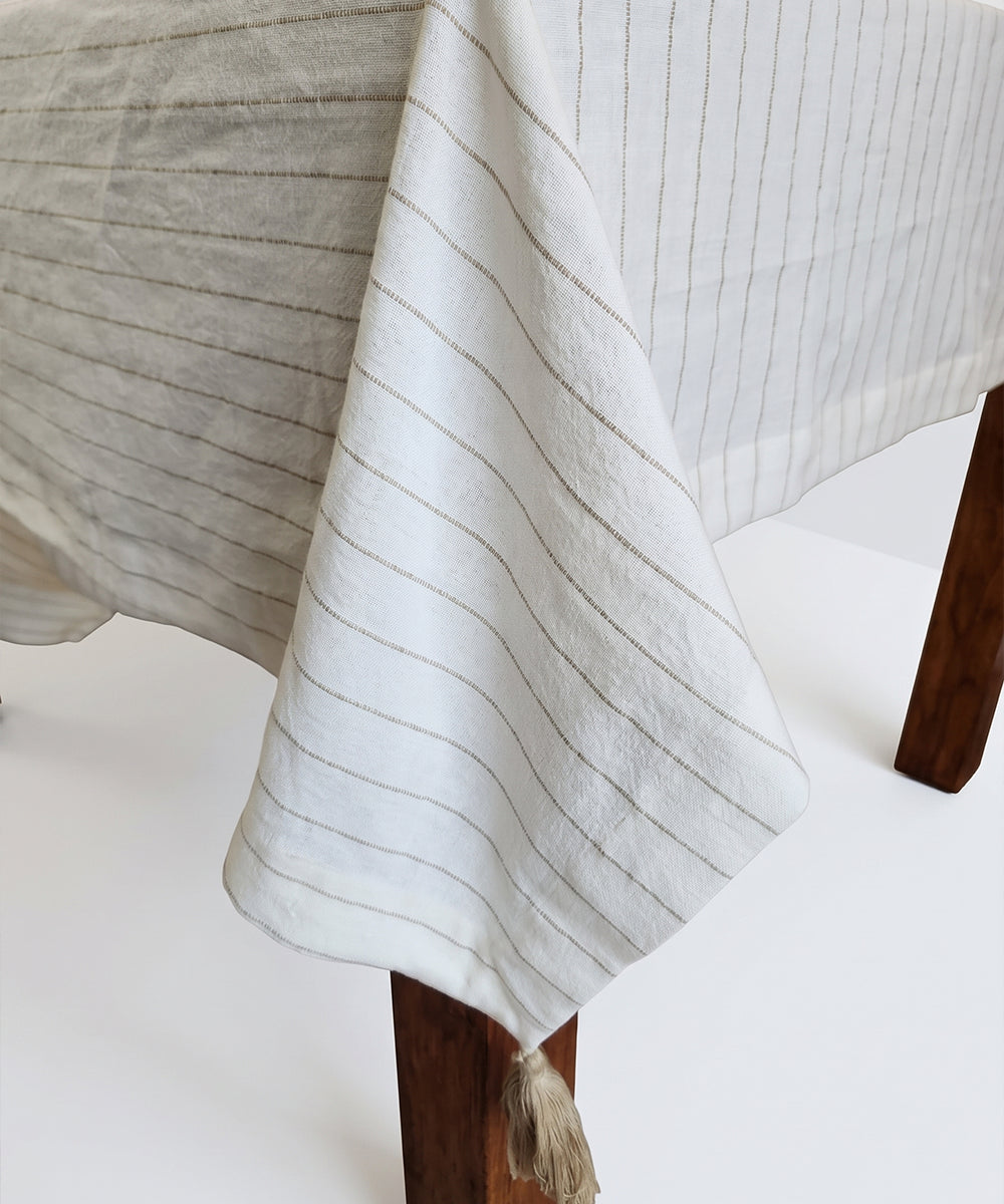 6 Seater Off White & Beige Yarn Dye Cotton Linen Table Cloth (tassels at edges)