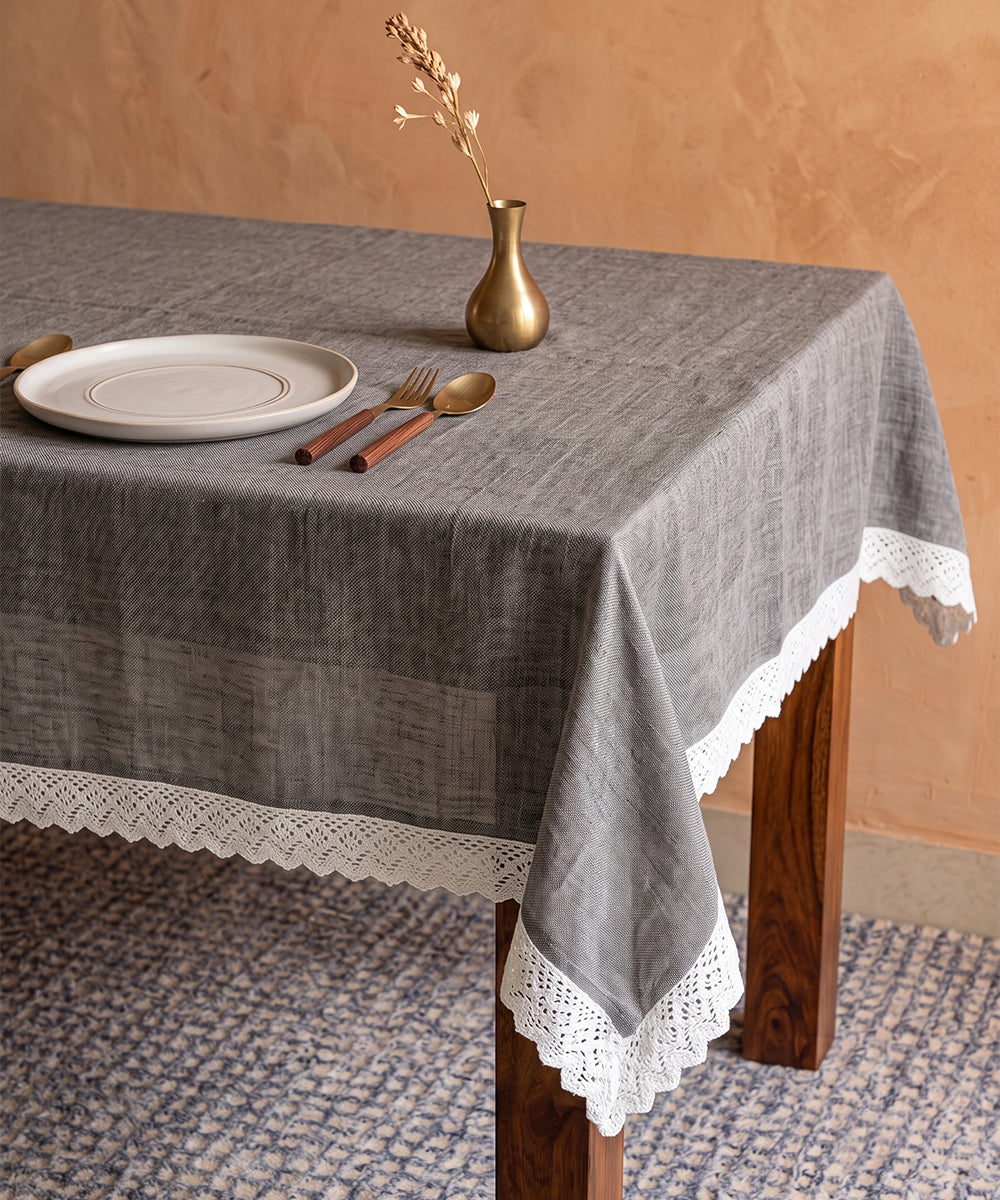 6 Seater Solid Grey Cotton Linen Gauze with Lace Table Cloth