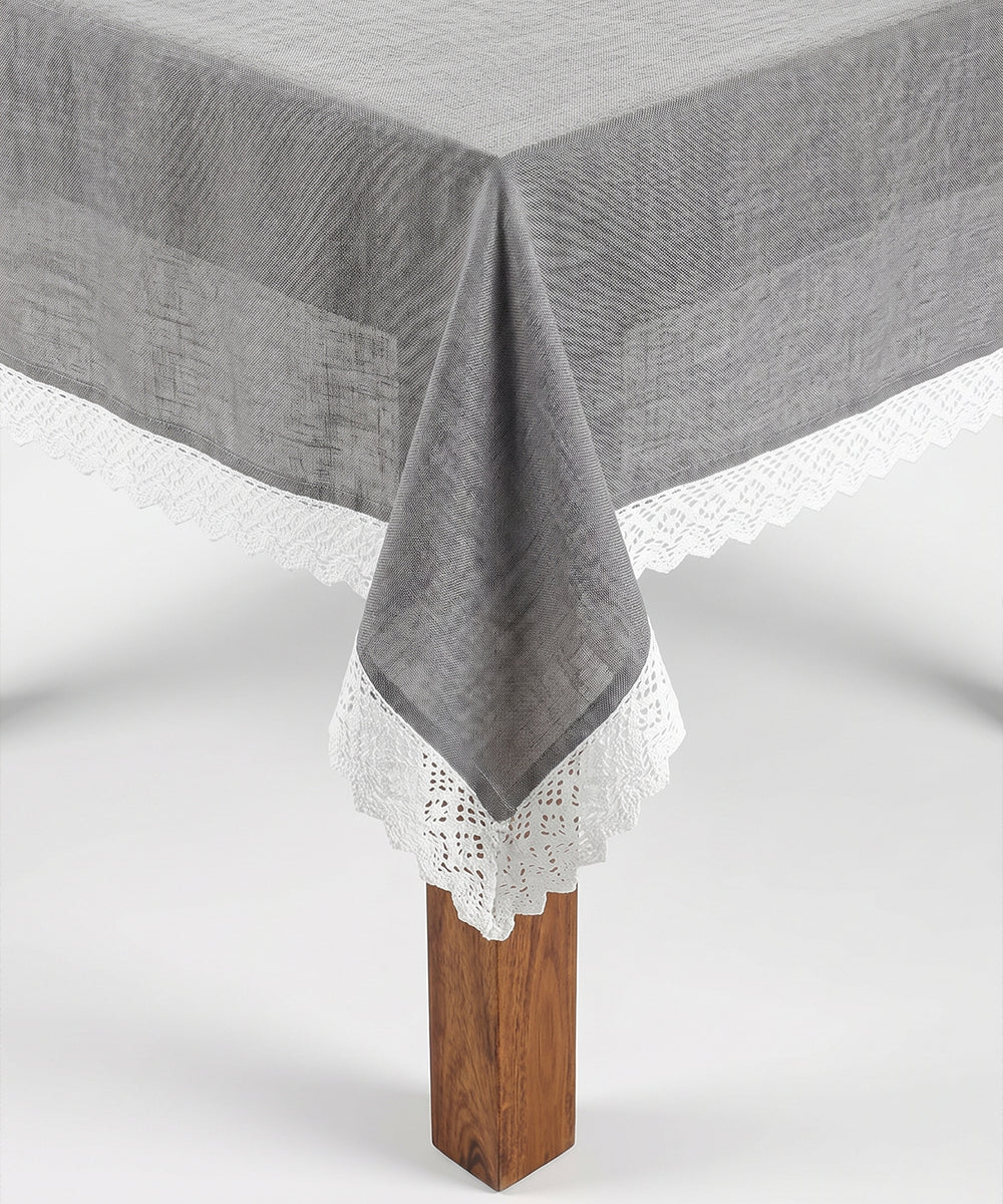 6 Seater Solid Grey Cotton Linen Gauze with Lace Table Cloth