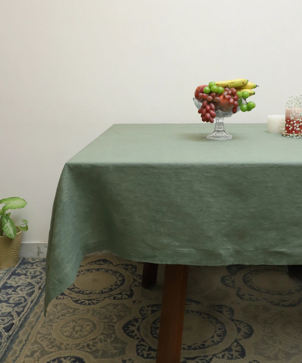 Moss Green Linen Blend Solid Table Cloth with Faggoting  (60" x 90")