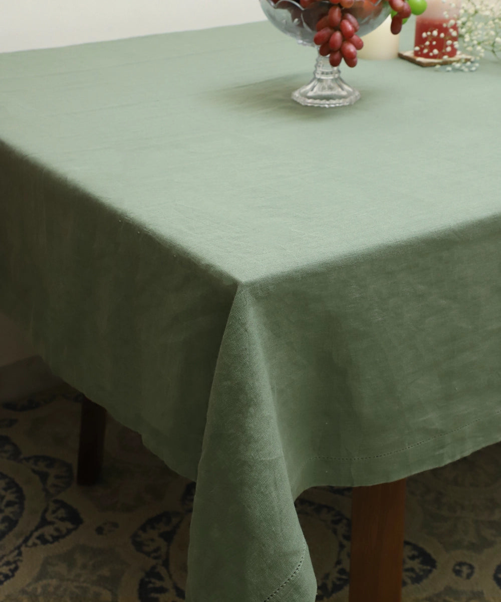 Moss Green Linen Blend Solid Table Cloth with Faggoting  (60" x 90")