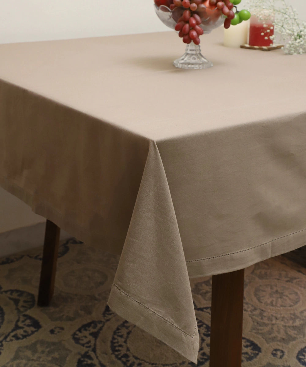 Taupe Linen Blend Solid Table Cloth with Faggoting  (60" x 90")