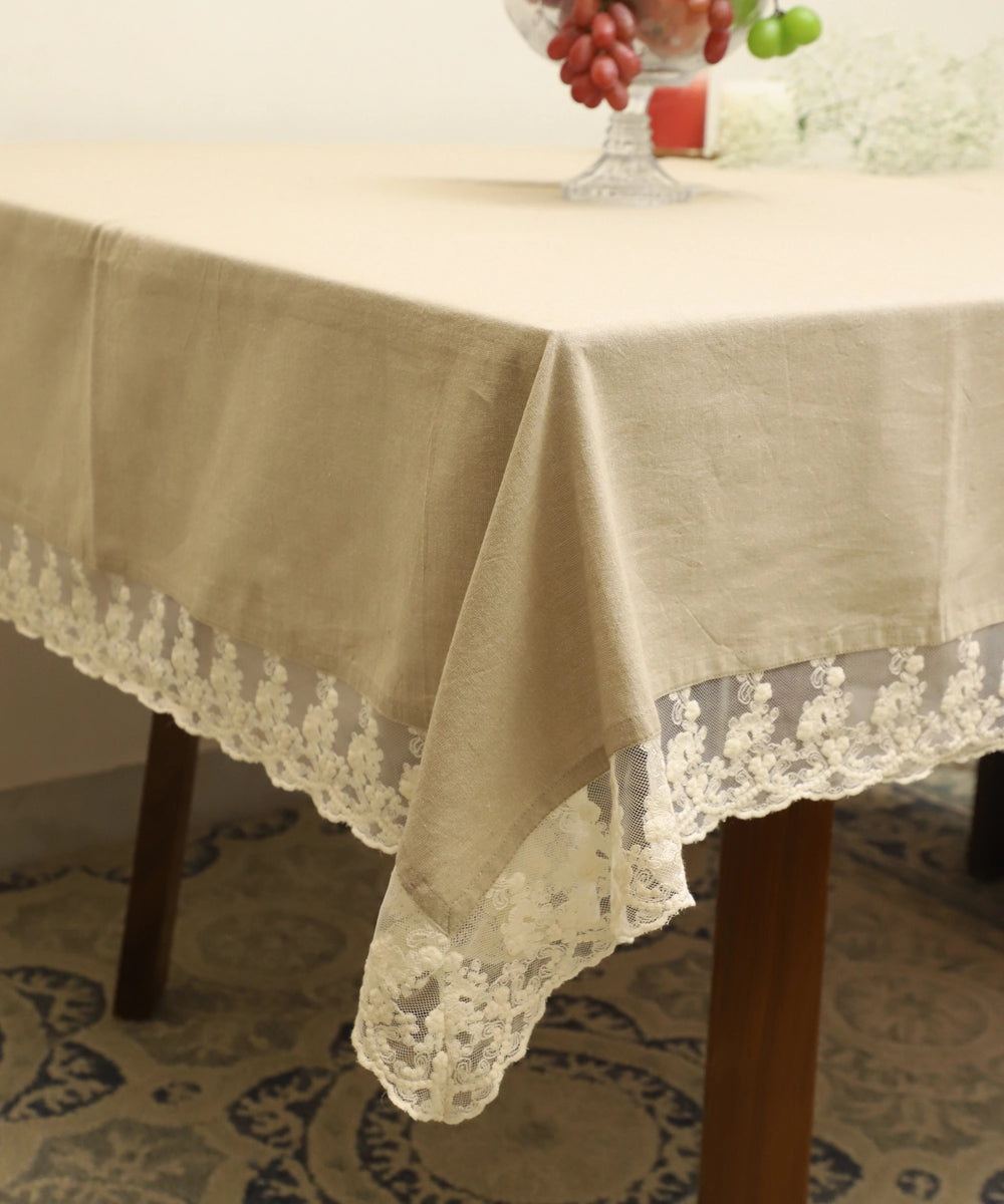 Beige Natural Cotton Chambray Solid Table Cloth with lace  60" x 90"
