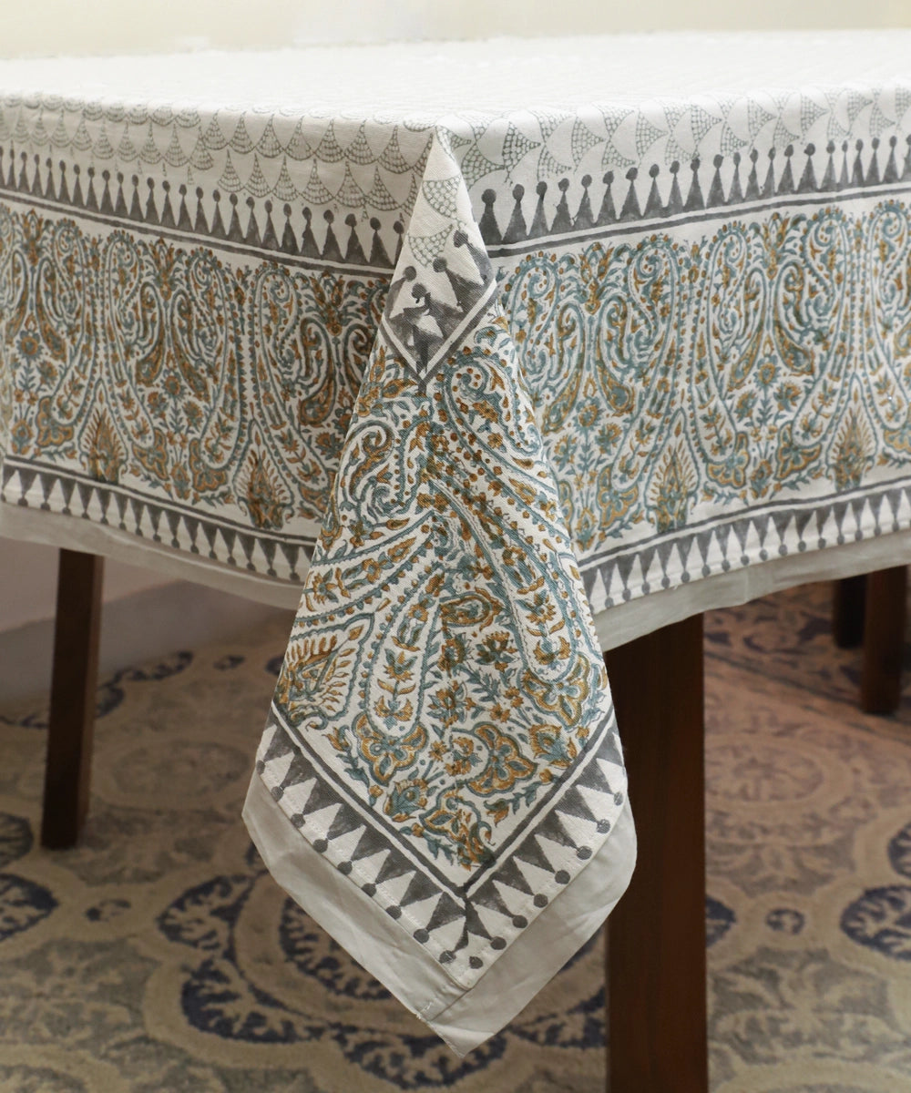6 Seater Hand Block Printed Paisley Turquoise & Grey Cotton Table Cloth (60" x 90")