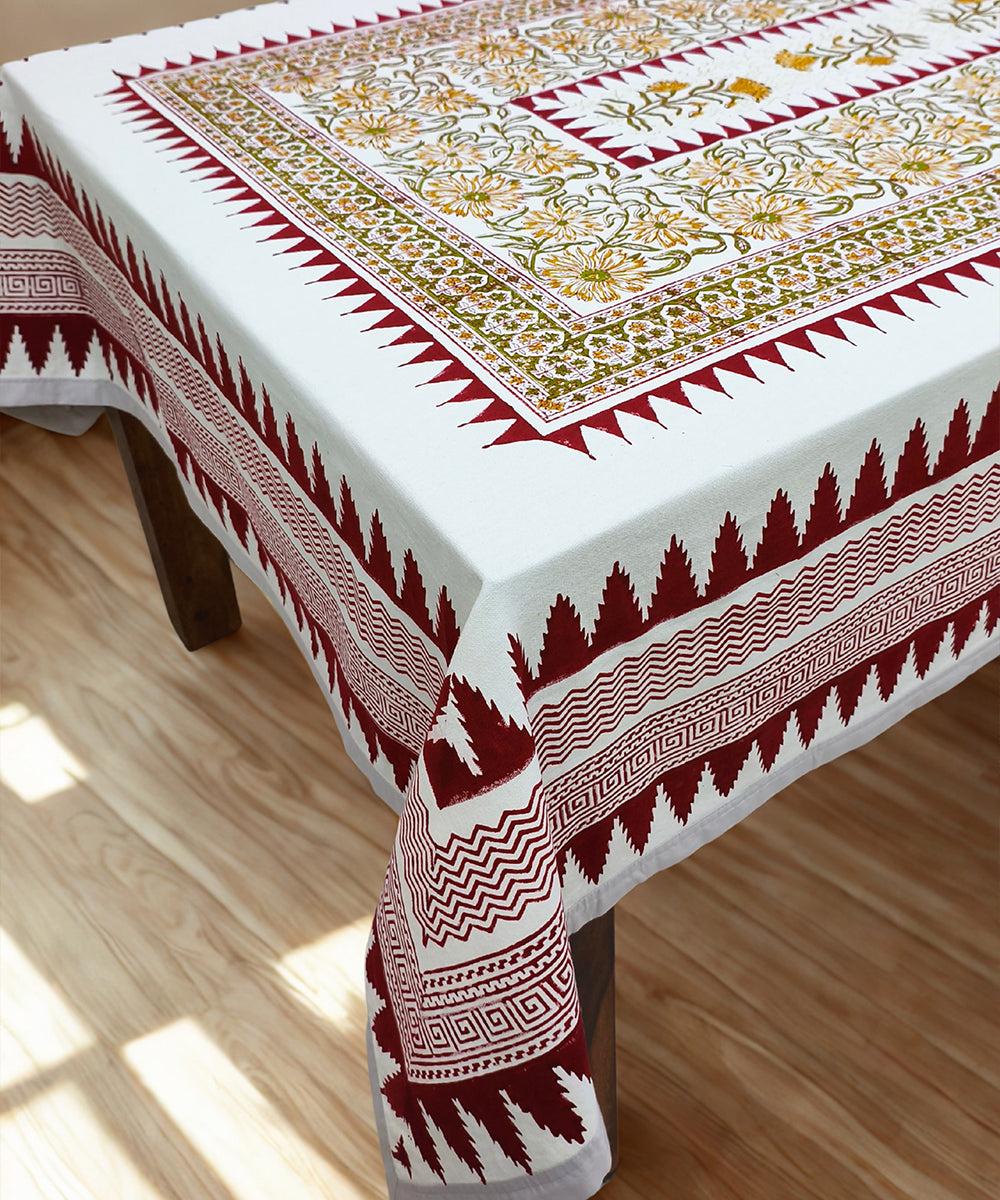 6 Seater Hand Block Printed Maroon, Yellow & Olive Cotton Table Cloth