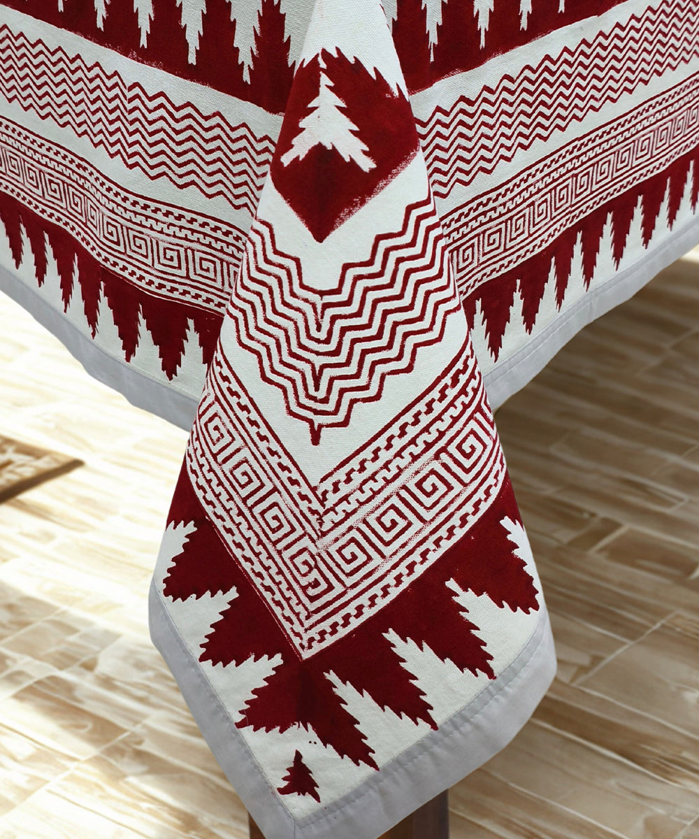 6 Seater Hand Block Printed Maroon, Yellow & Olive Cotton Table Cloth