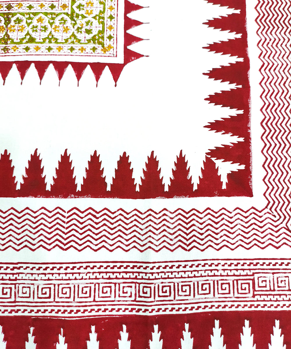 6 Seater Hand Block Printed Maroon, Yellow & Olive Cotton Table Cloth