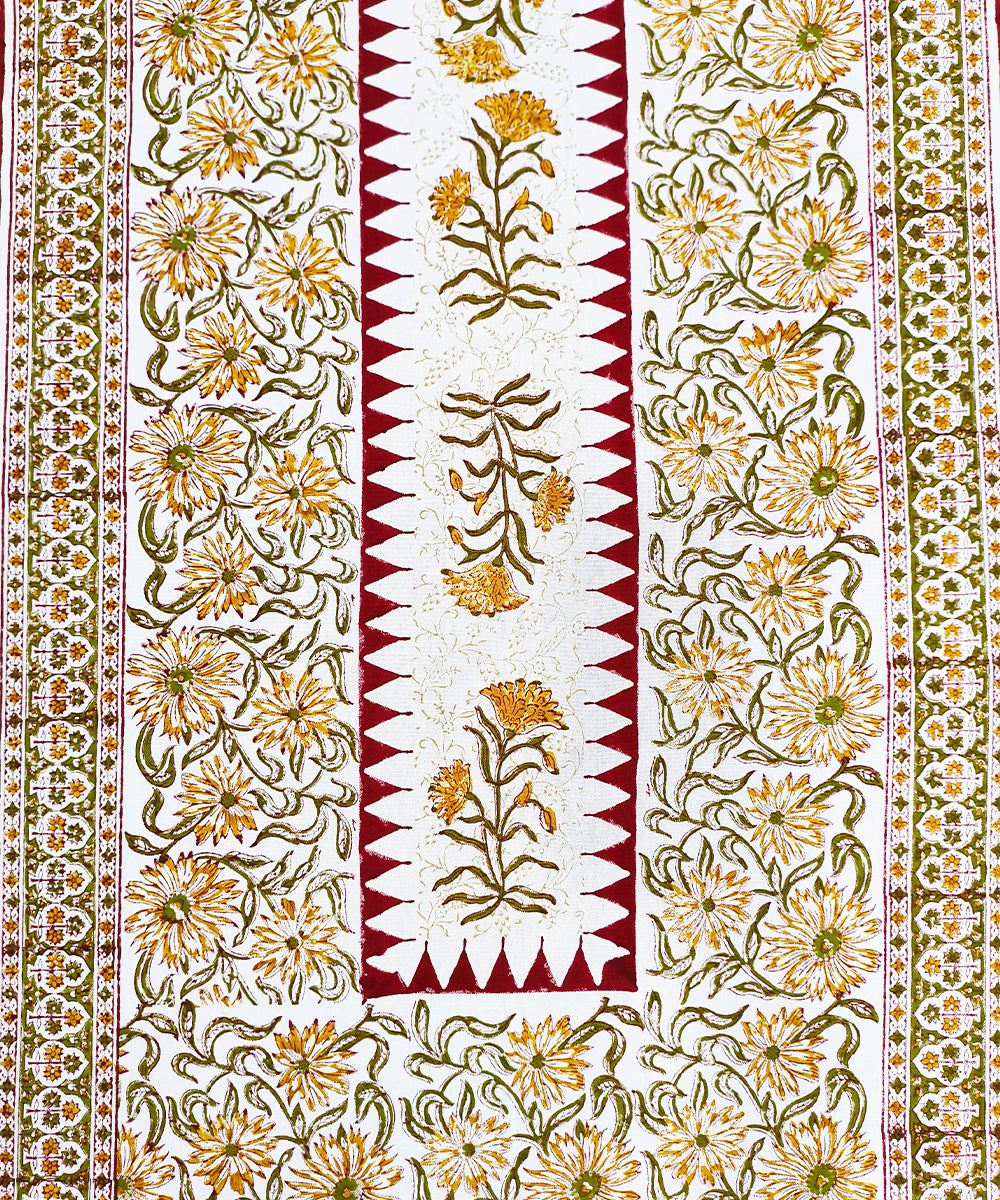 6 Seater Hand Block Printed Maroon, Yellow & Olive Cotton Table Cloth