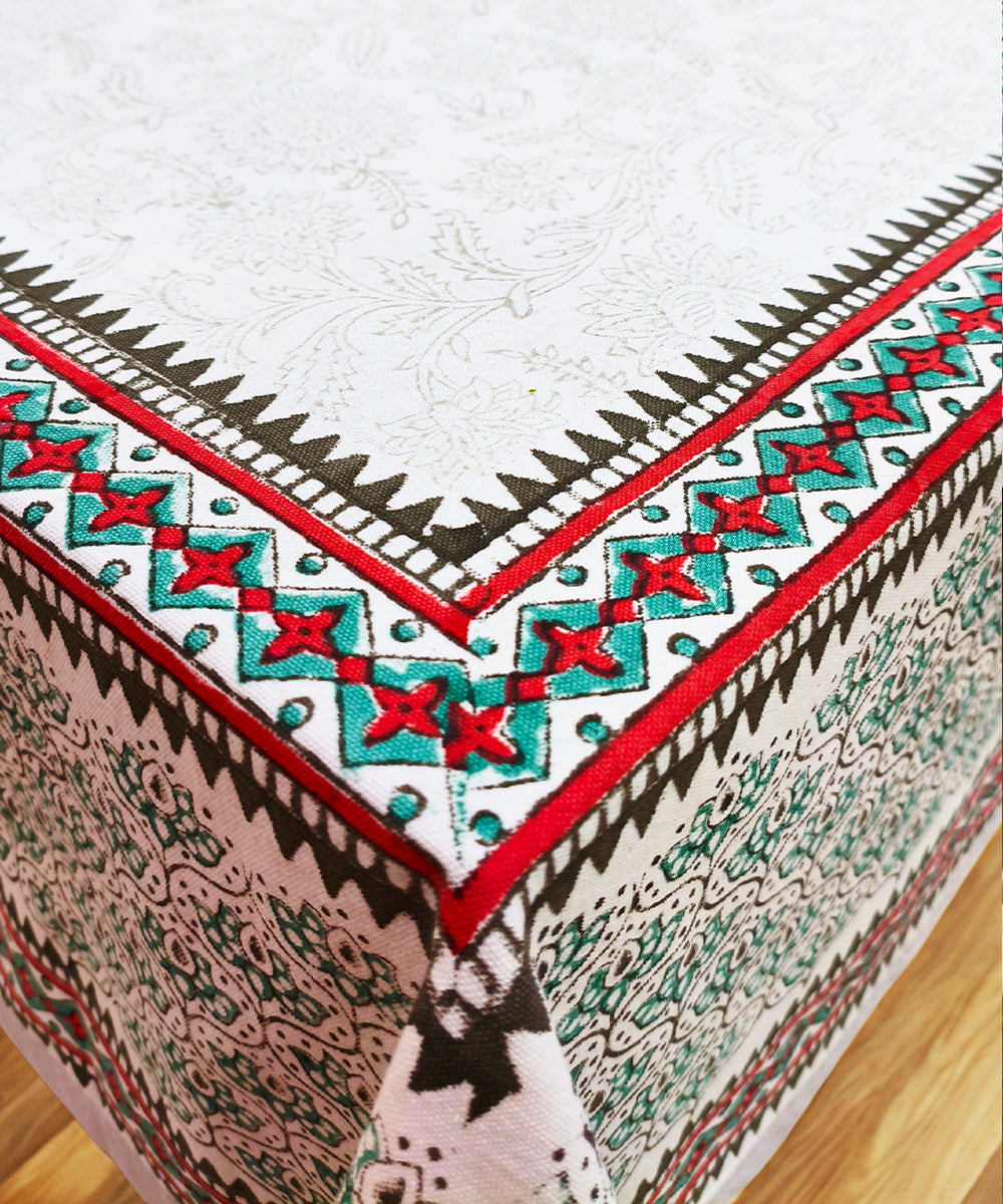 6 Seater Hand Block Printed Off white, Grey & Pink Cotton Table Cloth