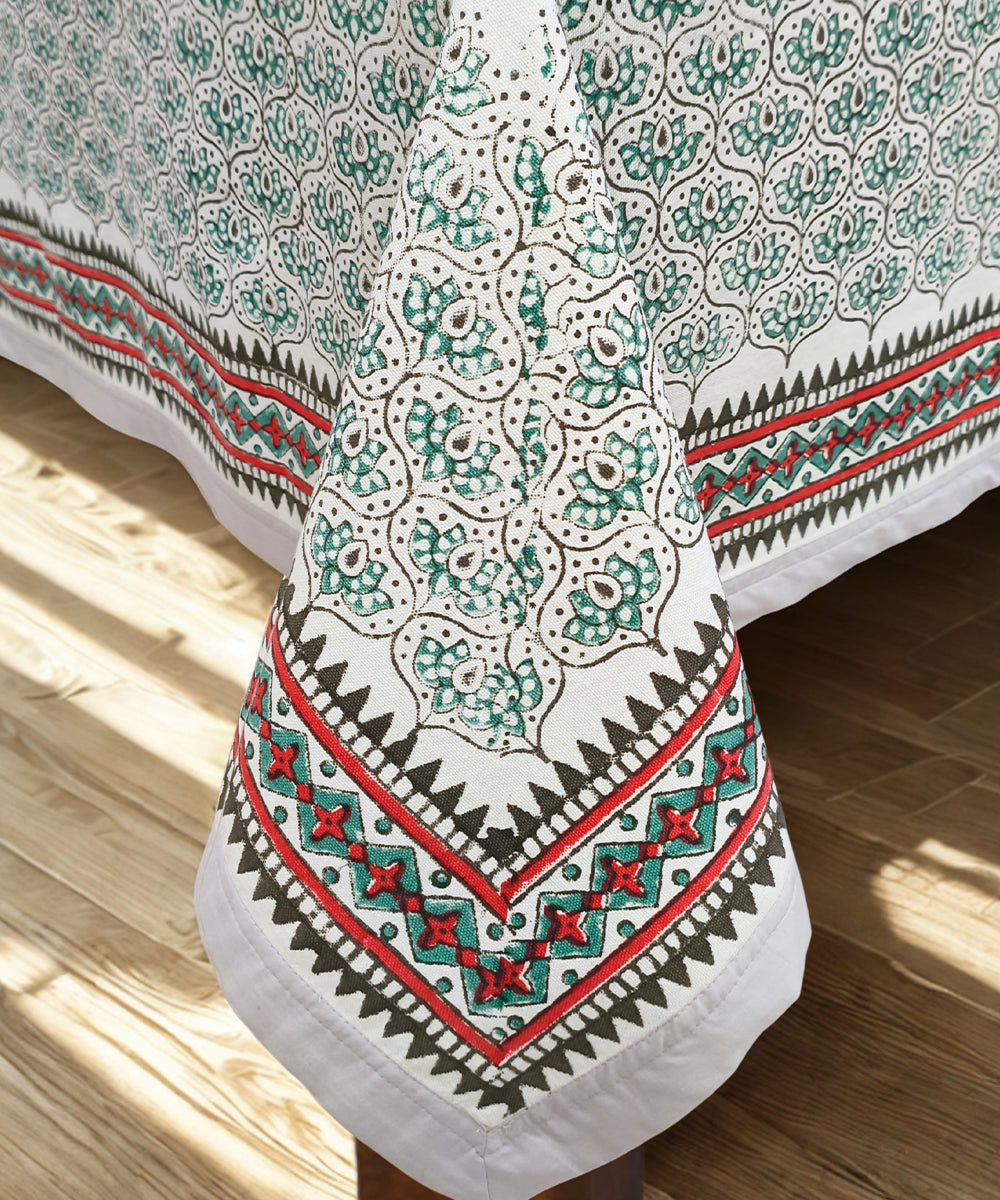 6 Seater Hand Block Printed Off white, Grey & Pink Cotton Table Cloth