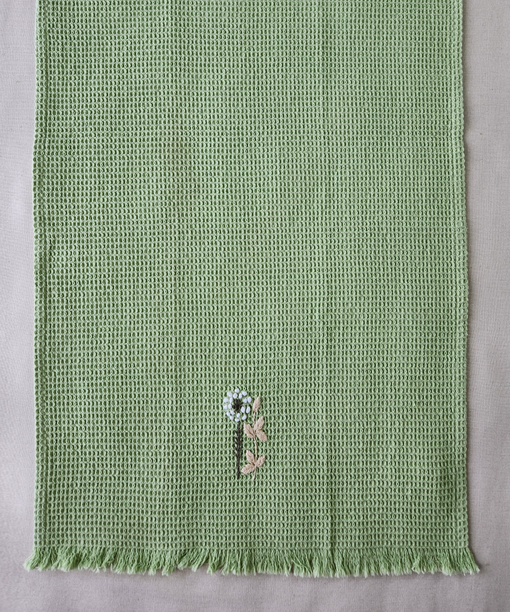 Embroidered Hand Towel - Set of 2 pcs in Soft Cotton Waffle | Sage Green