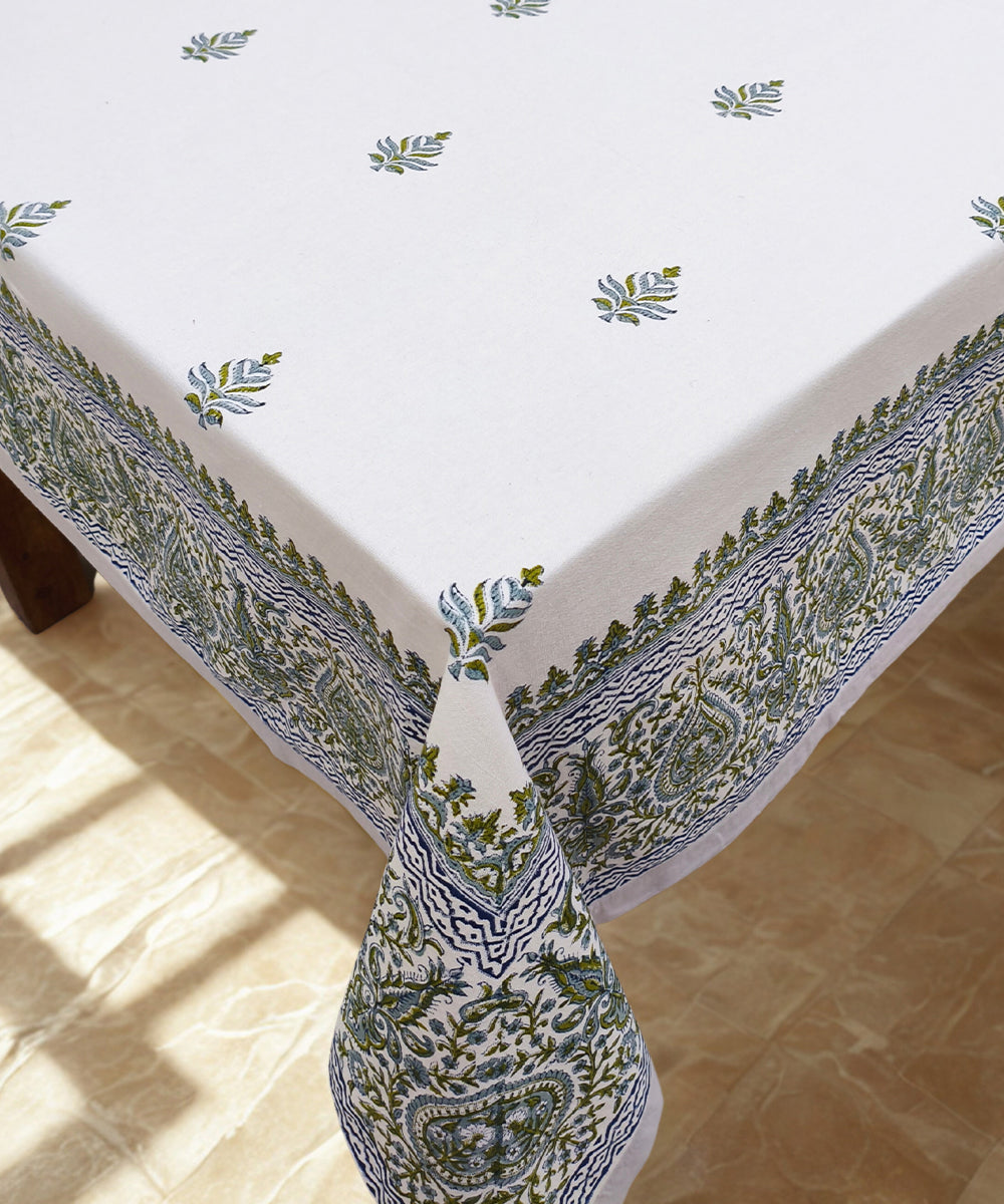 6 Seater Hand Block Printed Off white, Blue & Green Cotton Table Cloth