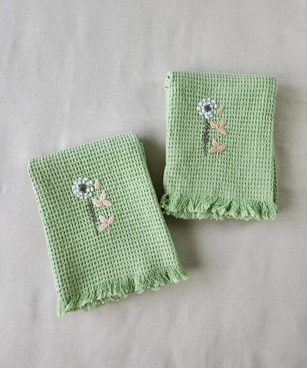 Embroidered Hand Towel - Set of 2 pcs in Soft Cotton Waffle | Sage Green