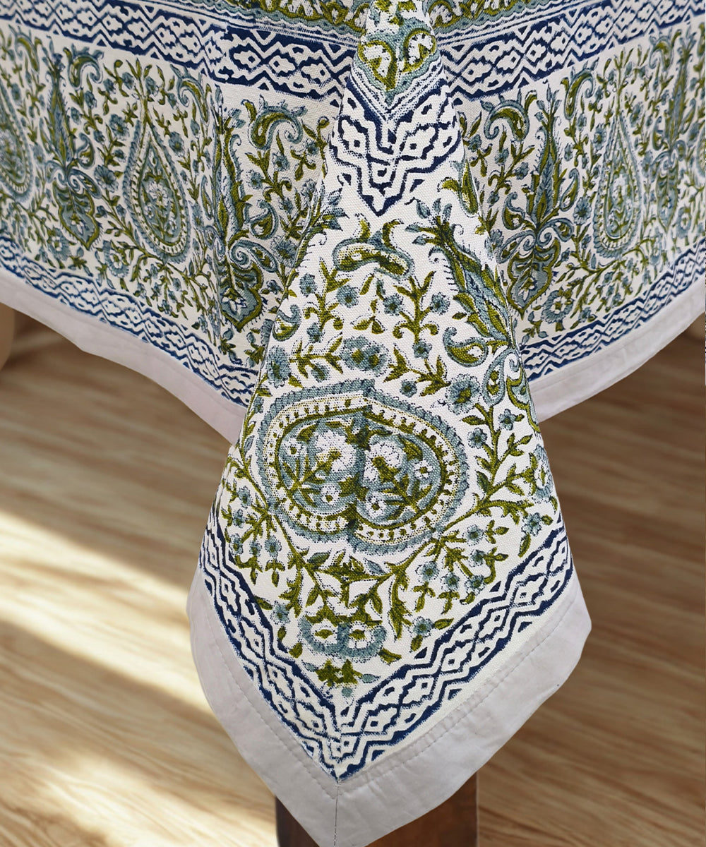 6 Seater Hand Block Printed Off white, Blue & Green Cotton Table Cloth