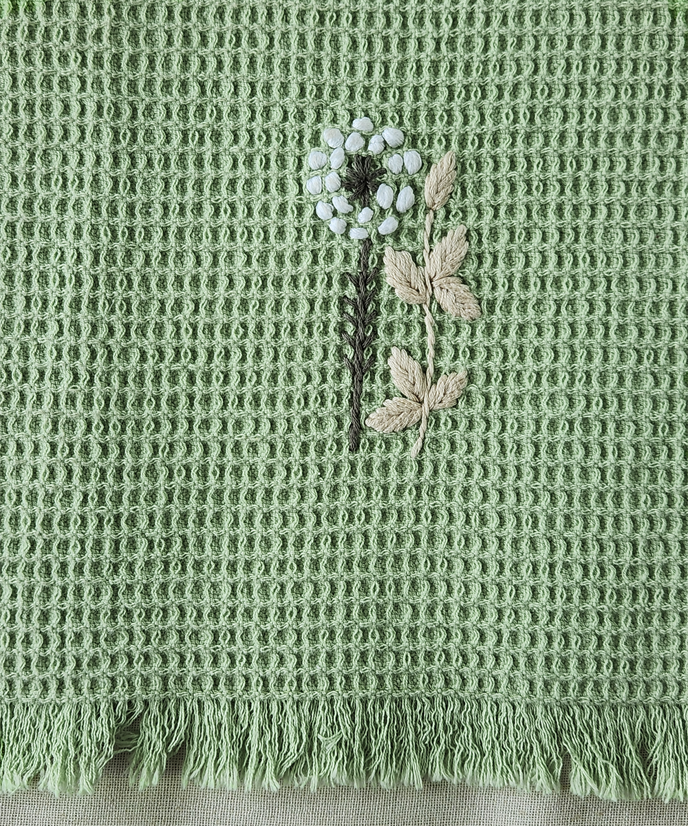 Embroidered Hand Towel - Set of 2 pcs in Soft Cotton Waffle | Sage Green