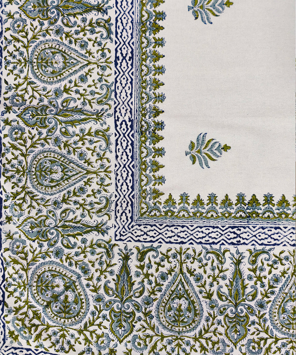 6 Seater Hand Block Printed Off white, Blue & Green Cotton Table Cloth
