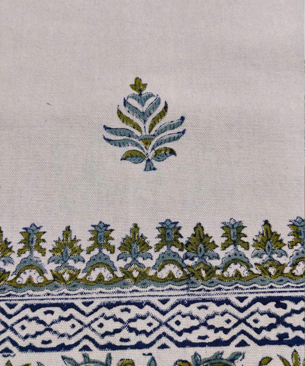 6 Seater Hand Block Printed Off white, Blue & Green Cotton Table Cloth