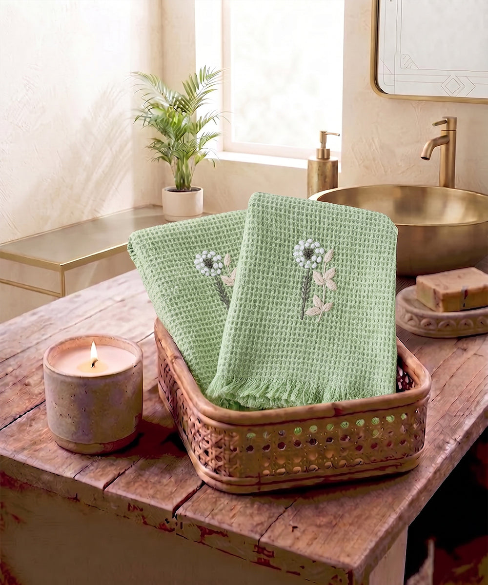 Embroidered Hand Towel - Set of 2 pcs in Soft Cotton Waffle | Sage Green