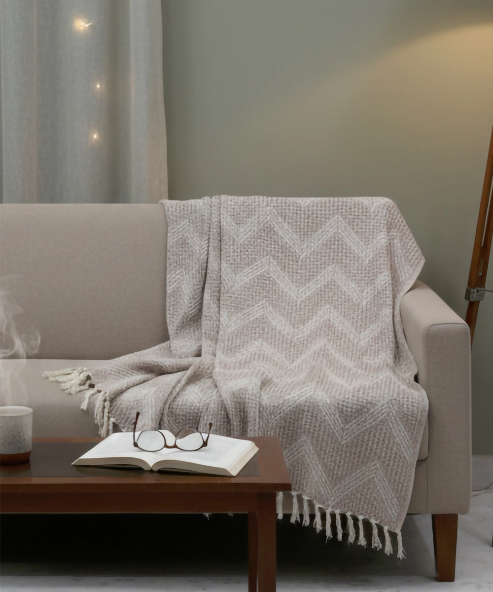 Light Brown Textured Yarn Dye Handwoven Cotton Sofa Throw
