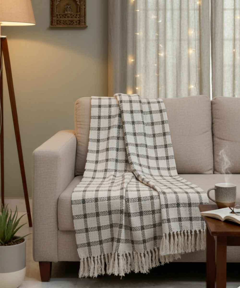 Ecru & Charcoal Yarn Dye Handwoven Cotton Sofa Throw