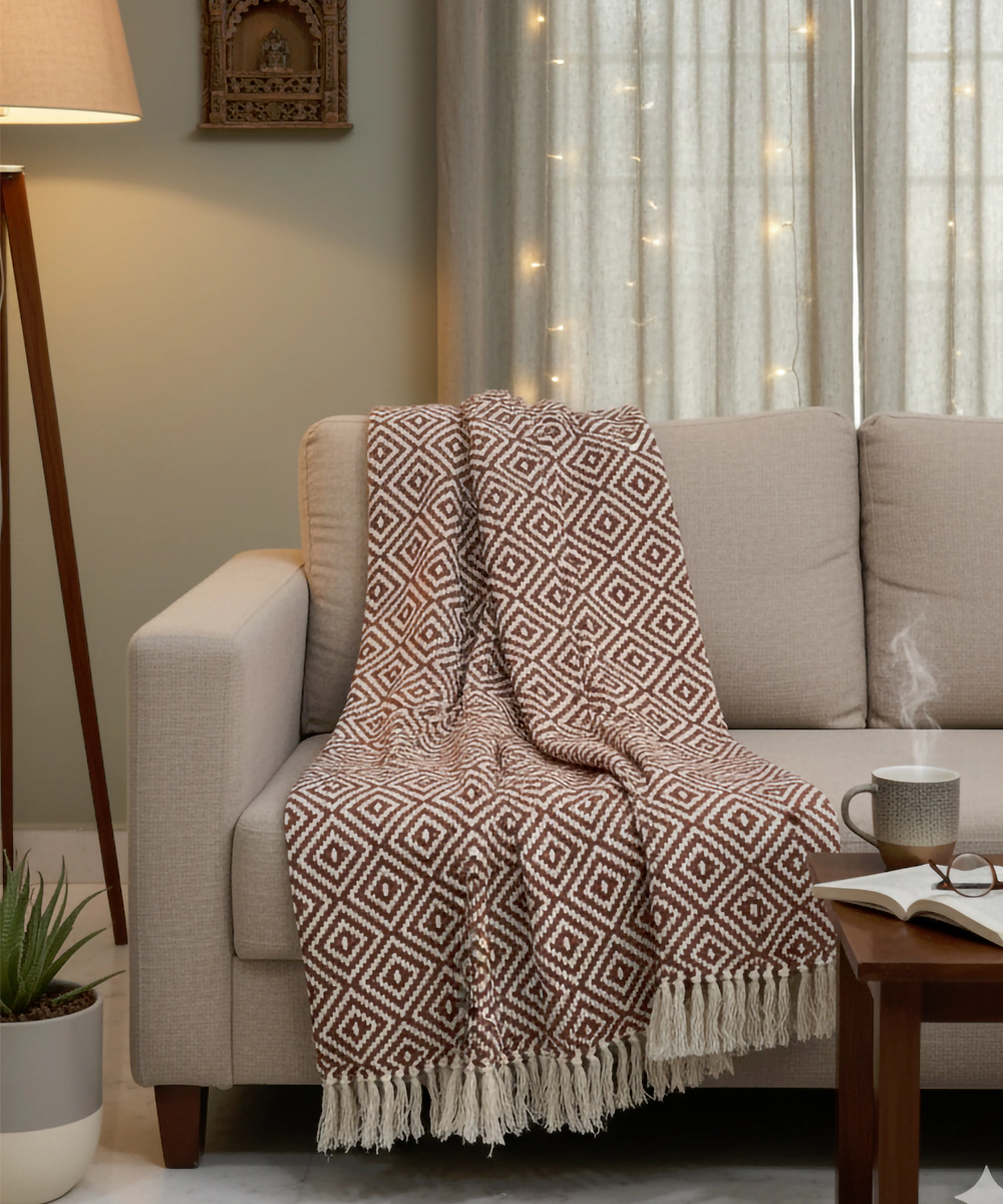 Ecru & Brown Diamond Yarn Dye Handwoven Cotton Sofa Throw
