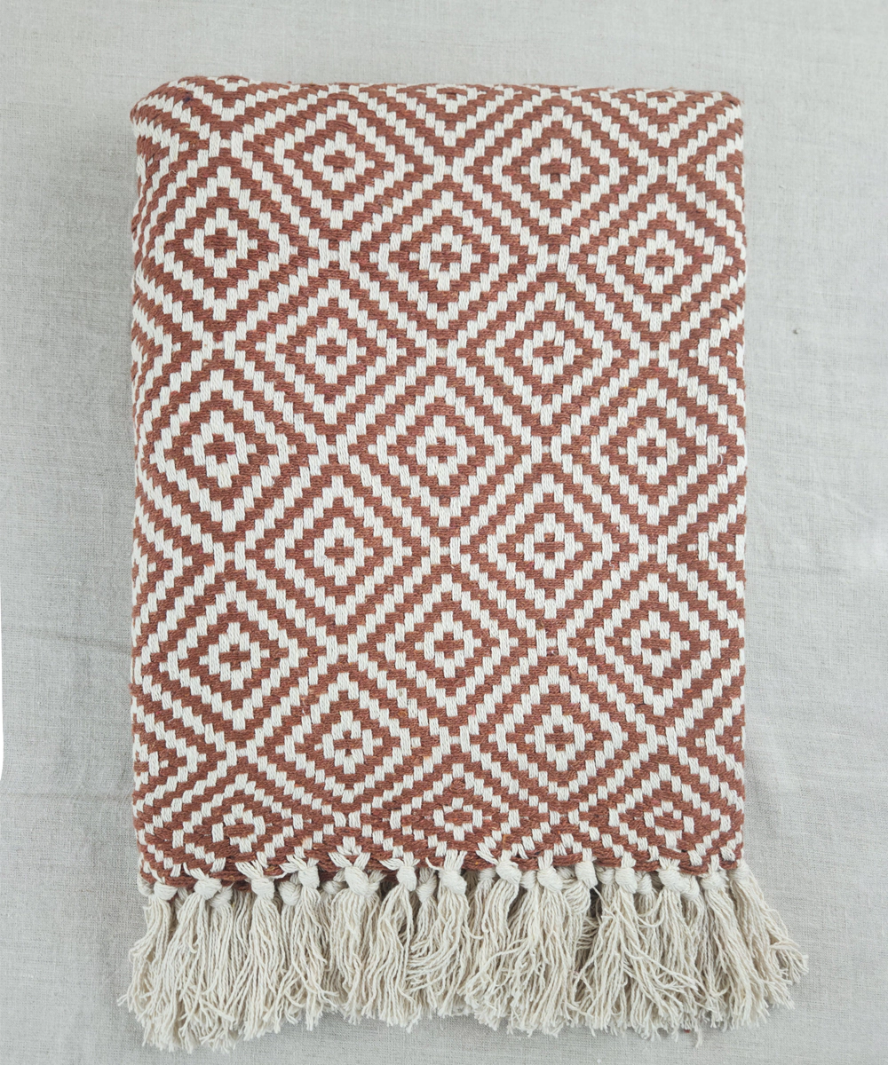 Ecru & Brown Diamond Yarn Dye Handwoven Cotton Sofa Throw