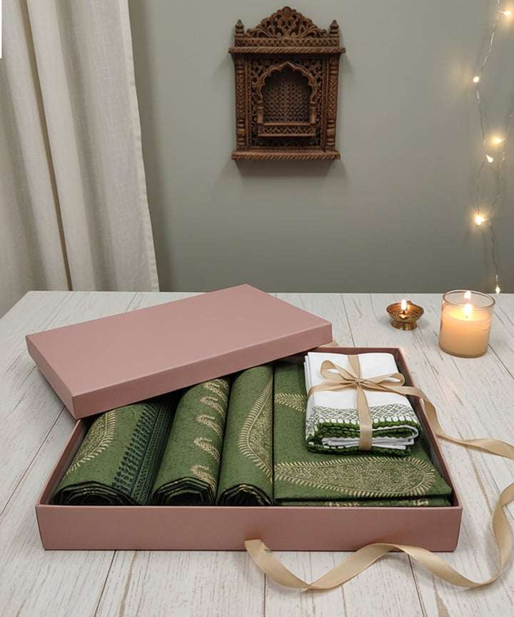 Olive Block Print Table Linen Gift Set | 1 Runner + 6 Mats + 6 Napkins