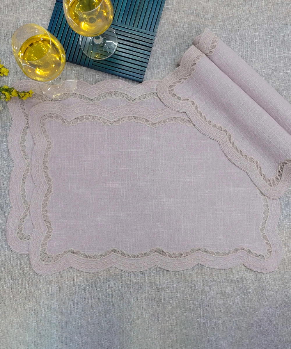 Set of 4 pcs Dusty Pink Cutwork Embroidered Cotton Slub Table Mats (12.75 x 18.75 Inches)