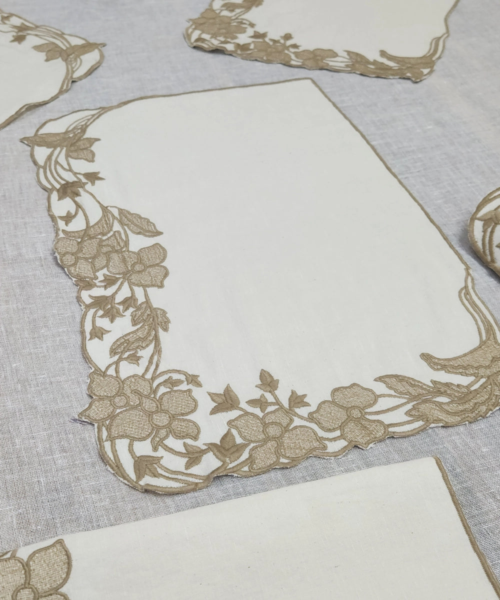 Set Of 6 Cream Embroidery with Cutwork Cotton Linen Table Mats