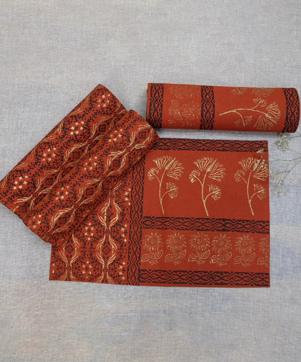 Set of 6 Burnt Orange Cotton Canvas  Hand Block Printed Table Mats